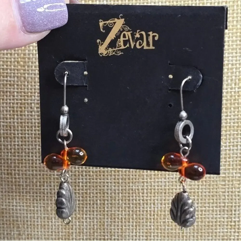 TreskA Zevar Amber Glass Bead Silver Tone Leaf Drop Earrings Bohemian Dangle
